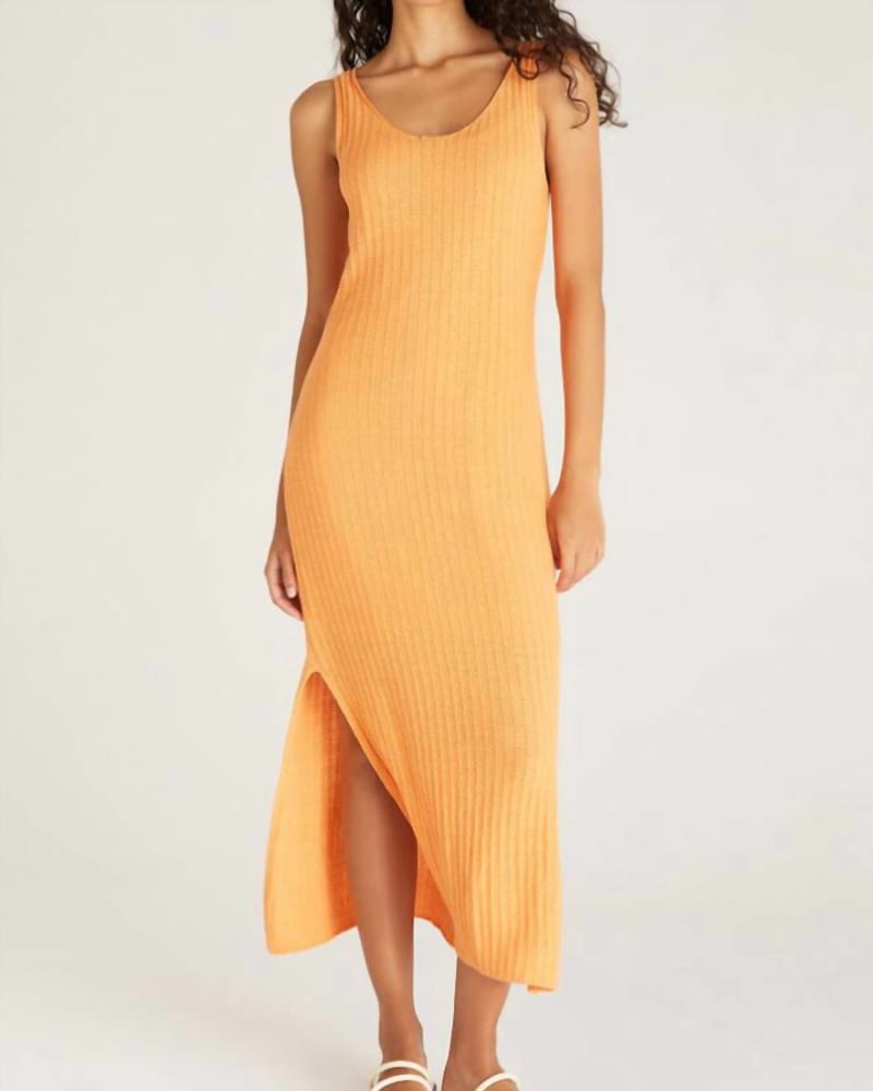 Front of a model wearing a size L Brayden Knit Midi Dress in Papaya in Papaya by Z Supply. | dia_product_style_image_id:334856